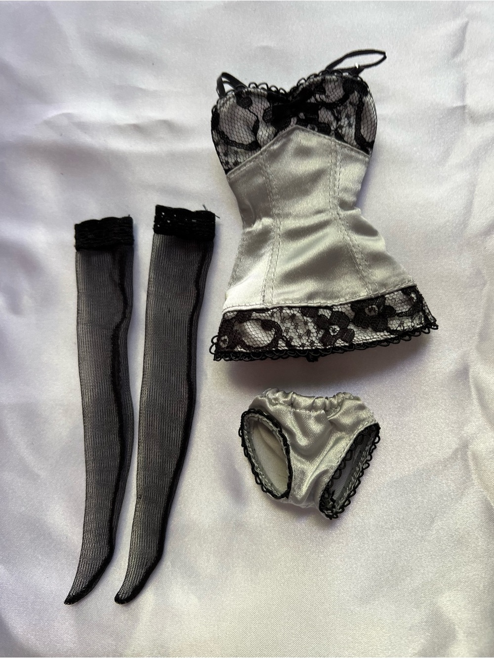 Barbie Silver & Black Lace Lingerie Doll Outfit with Stockings
